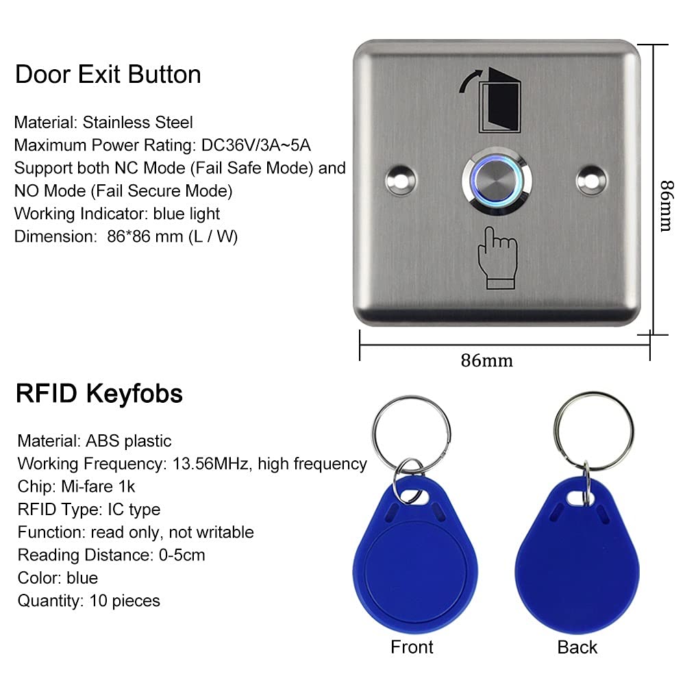 GXYKit de système de contrôle d'accès de porte RFID Clavier étanche à empreinte digitale IP68, Serrure à verrou électronique, Alimentation 12V 3A, Bouton de commutation, 10pcs IC 13.56MHz Keychains