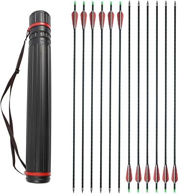 ZSHJGJR 31 Inch Archery Carbon Arrows 500 Spine with Removable Tips Hunting and Target Practice Arrows for Compound Bow Recurve Bow with Arrow Quiver 12 Pack (Arrows+Quiver)