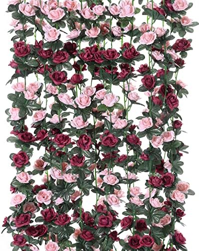 8pcs 65.6Ft Flower Garland,PARTY JOY Fake Rose Vine Artificial Flowers Hanging Rose Ivy Garland for Room Wall Decor Hanging Baskets Wedding Arch Garden Background Decor (Red-8PCS)