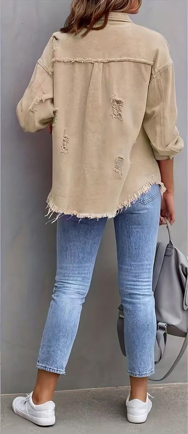 Women's Casual Ripped Denim Jacket Oversized Long Sleeve Button Down Raw Hem Distressed Jean Jackets - Image 4