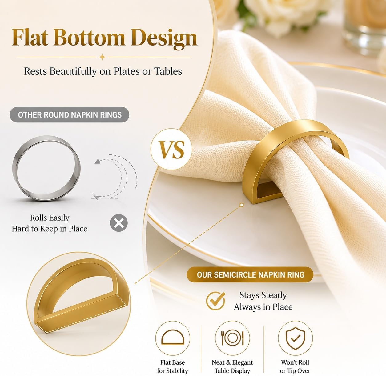 Coideal Matte Gold Napkin Rings Set of 10, Semicircle Napkin Rings Metal