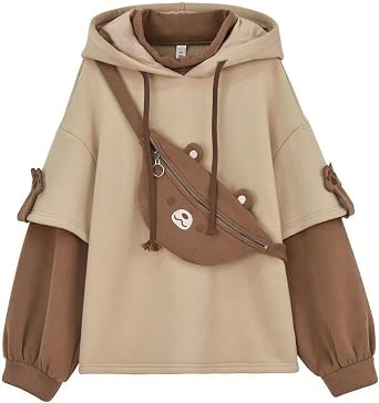 Women Kawaii Bear Hoodie Cute Anime Hooded Sweatshirt Long Sleeve Fleece Shirts Fake Two Piece Patchwork Preppy Pullover Tops