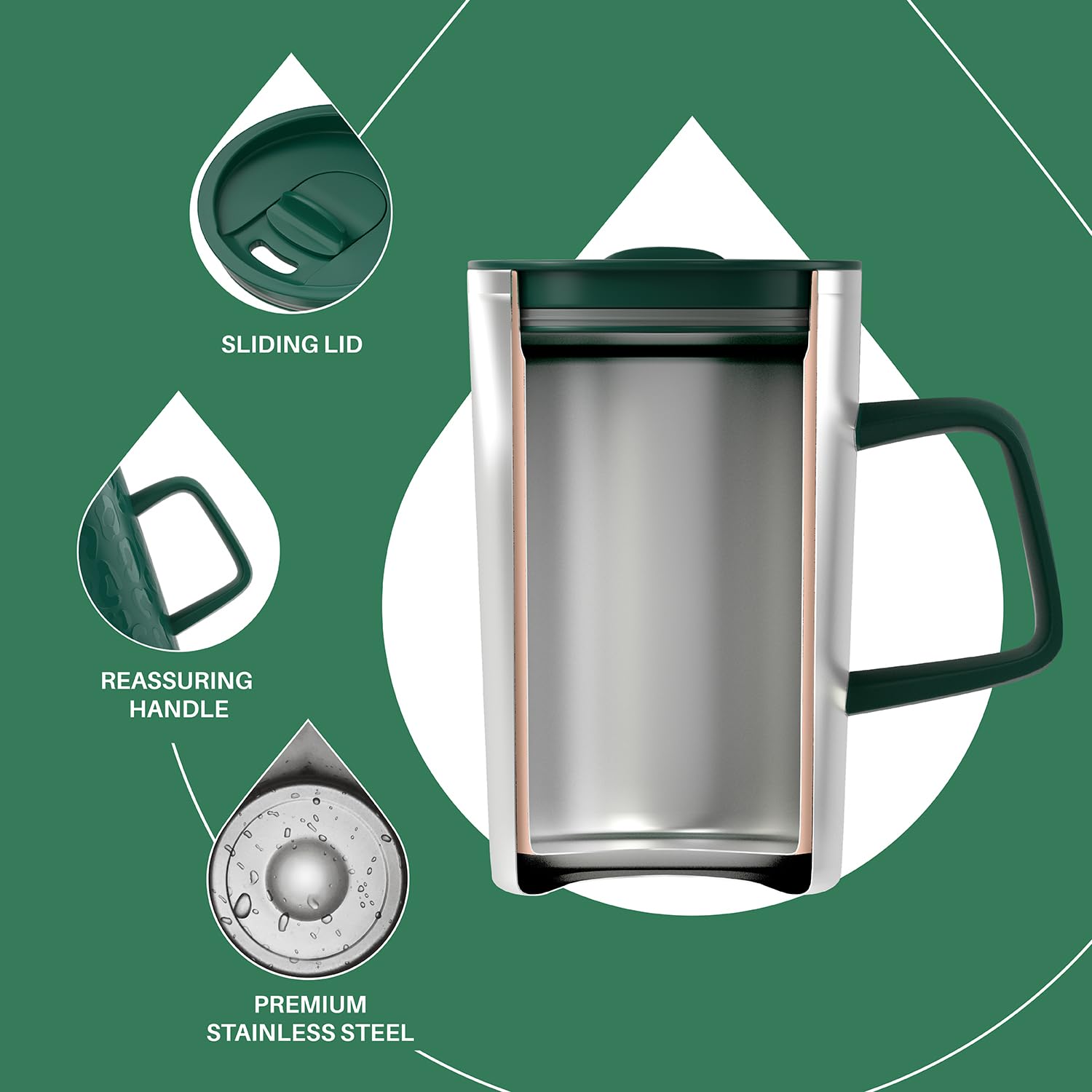 Ideus Tazza da caffè isolata sottovuoto, 470 ml, riutilizzabile, in acciaio inox, a doppia parete, con manico e coperchio scorrevole, per bevande calde e fredde, senza BPA (verde scuro Leapord)