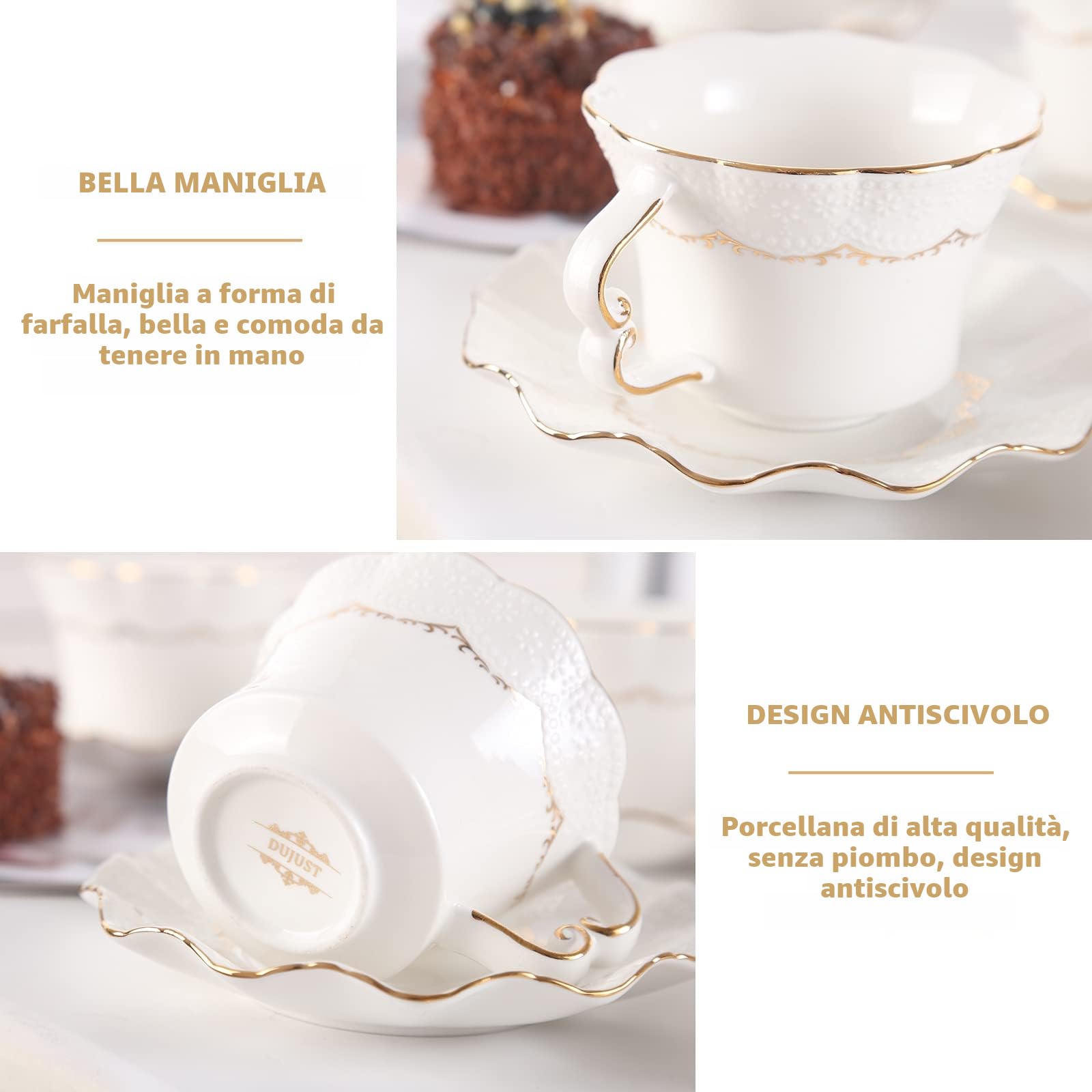 DUJUST Set di 6 tazze da tè e piattini (200 ml), set di tazze da tè di lusso con finiture dorate, tazze da caffè con stampa in rilievo, set da tè in porcellana reale britannica - bianco