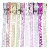 Heliltd 10 Roll Washi Tape Set Lace Pattern Glitter Bling Tape Sticker Self-Adhesive Colorful Sticker for DIY Scrapbooking Decorative Craft Gift Wrapping