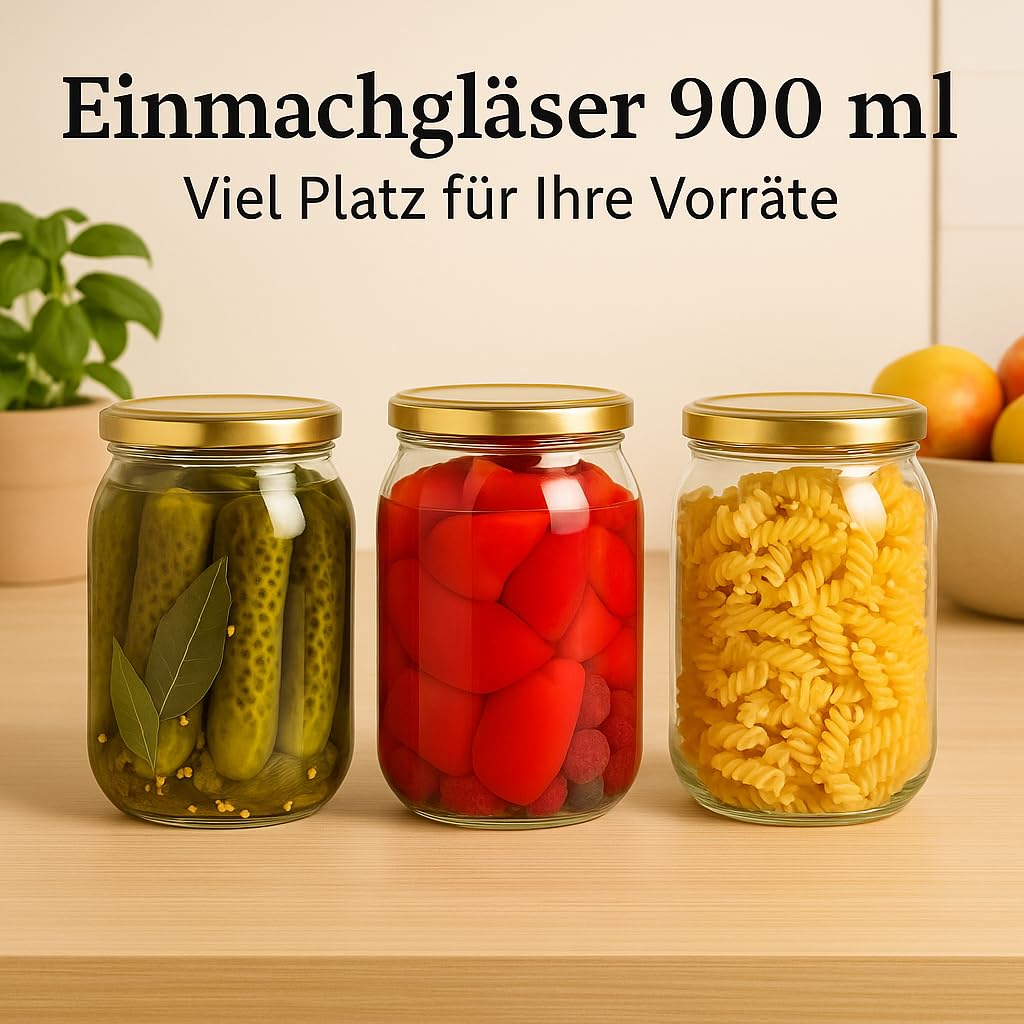 Einmachgläser mit schraubdeckel 900 ml 24er Set mit goldenen Deckel fi82 Einmachglas Einweckgläser - Vorratsgläser Glas luftdicht Twist Off - für Gurken Paprika Kompott Marmelade Honig Einmachen