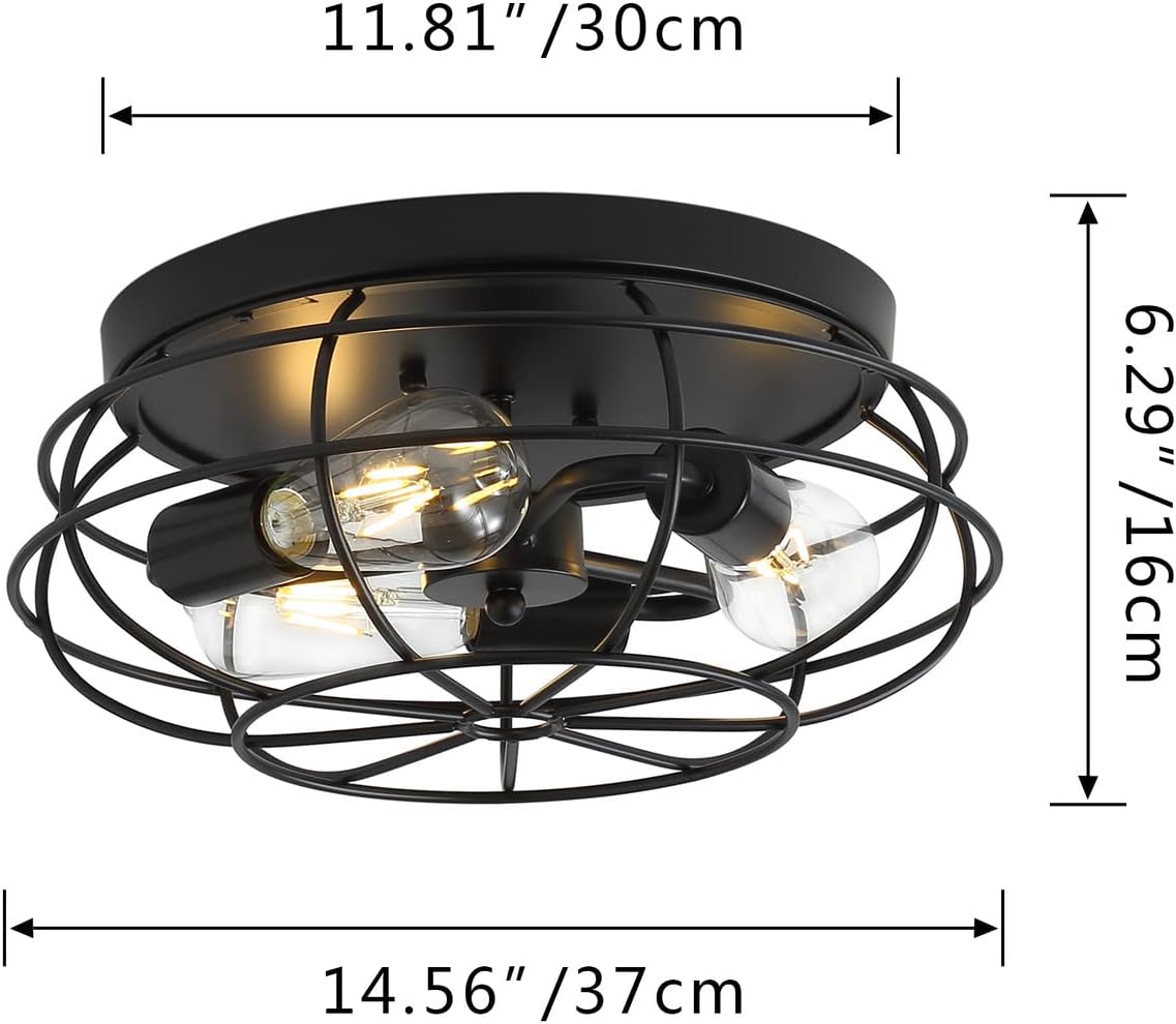 Aiwen Industrial 3 Lights Vintage Metal Cage Flush Mount Light, Black Finish, Rustic Drum Ceiling Lighting Fixture for Bedroom, Dining Room, Living Room, Kitchen Island, Farmhouse Lighting