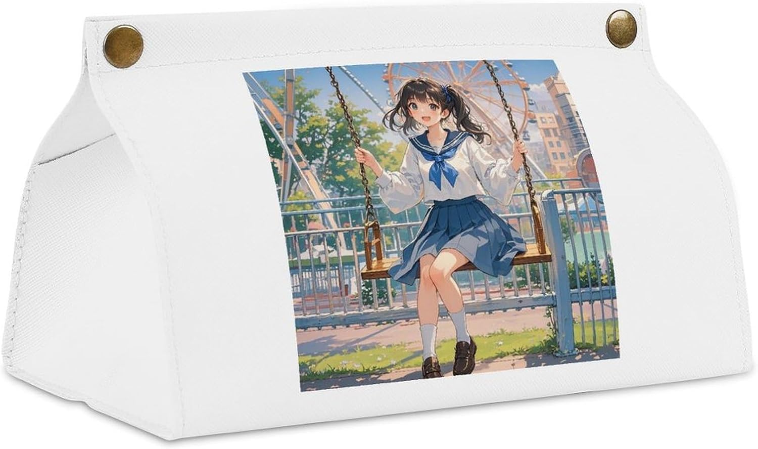 Decorative PU Tissue Paper Holder Amusement Park Swing Printed Tissue Box Cover Napkin Tissues Organizer Home Decor for Bathroom Night Stands Desk Car Dining Table