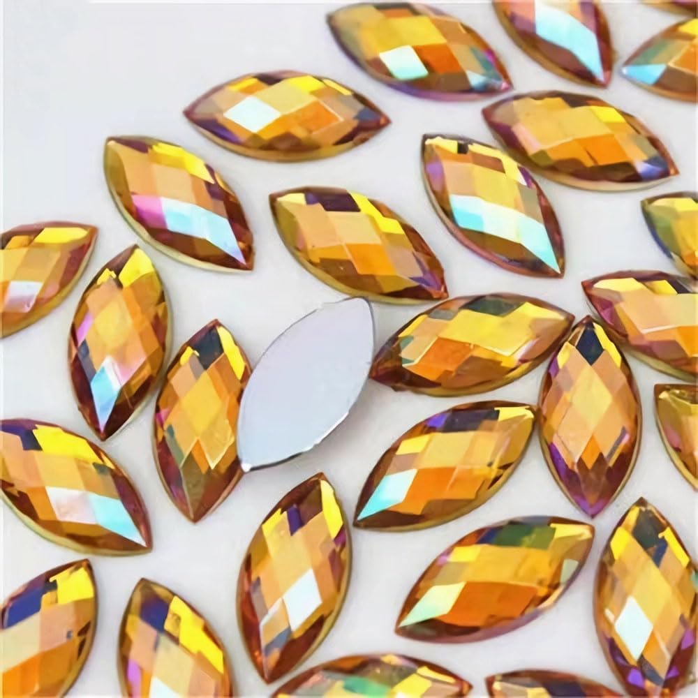 100 Pcs 15x7mm AB Colorful Jewels Gems Rhinestones for Crafts, Horse Eye Flatback Acrylic Gemstone for Halloween Party Decorations Clothing Wedding Dress DIY Crafting Accessories(03 Gold Yellow AB)