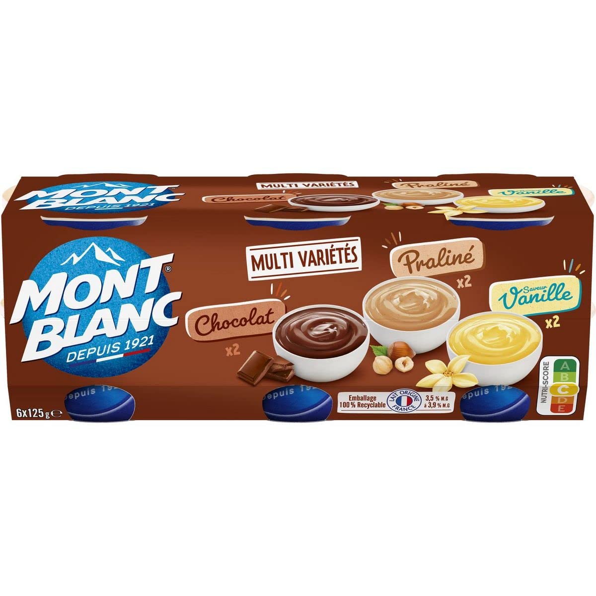 Lot de 6 unités *** MONT BLANC Assortiment crème dessert chocolat vanille et praliné 6x125g 750g*** soit un format carton de 6 unités ***