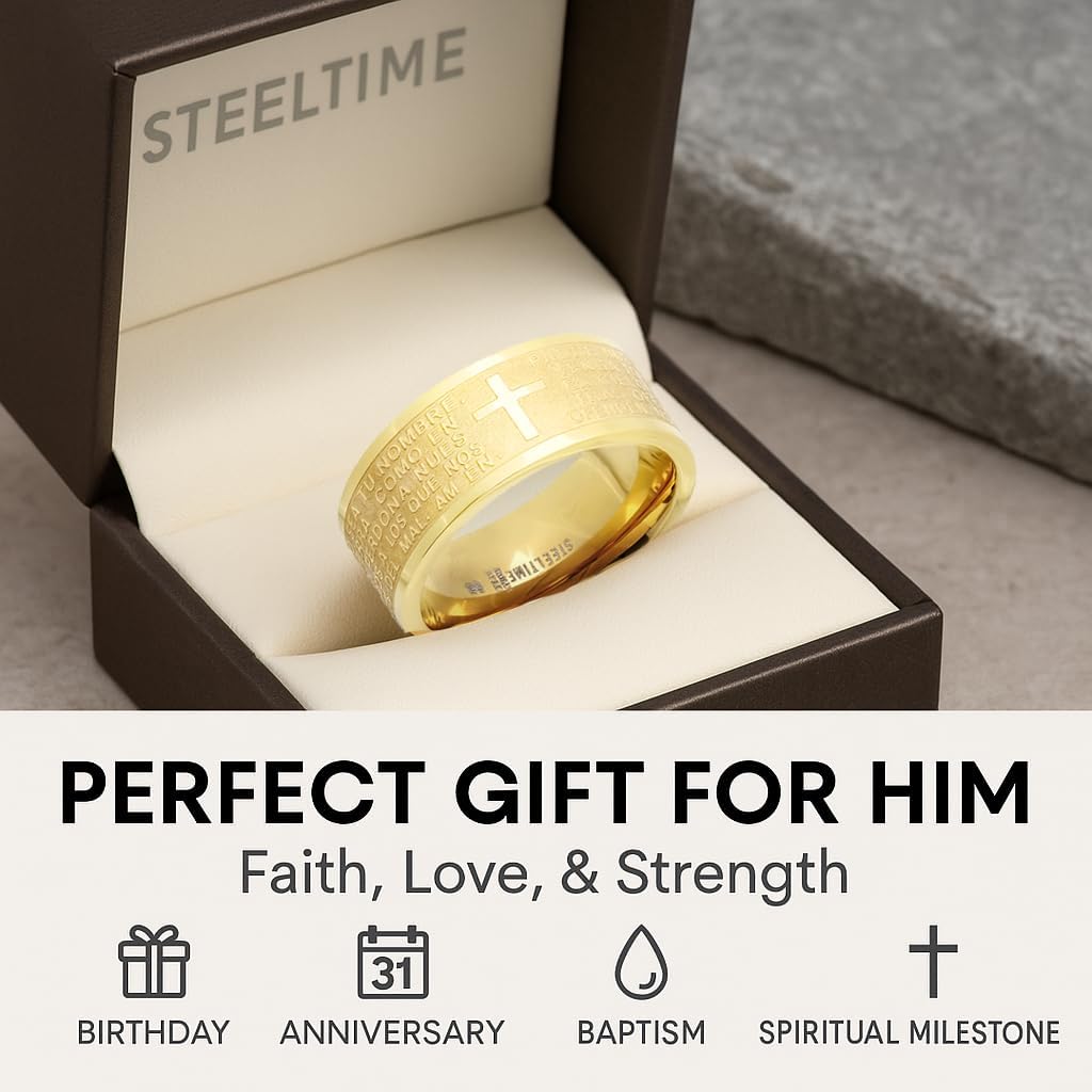 Lord’s Prayer Ring for Men – 18K Gold Plated Stainless Steel Christian Band with Cross – Religious Bible Verse Ring – Comfort Fit, Inspirational Gift for Him - Image 3
