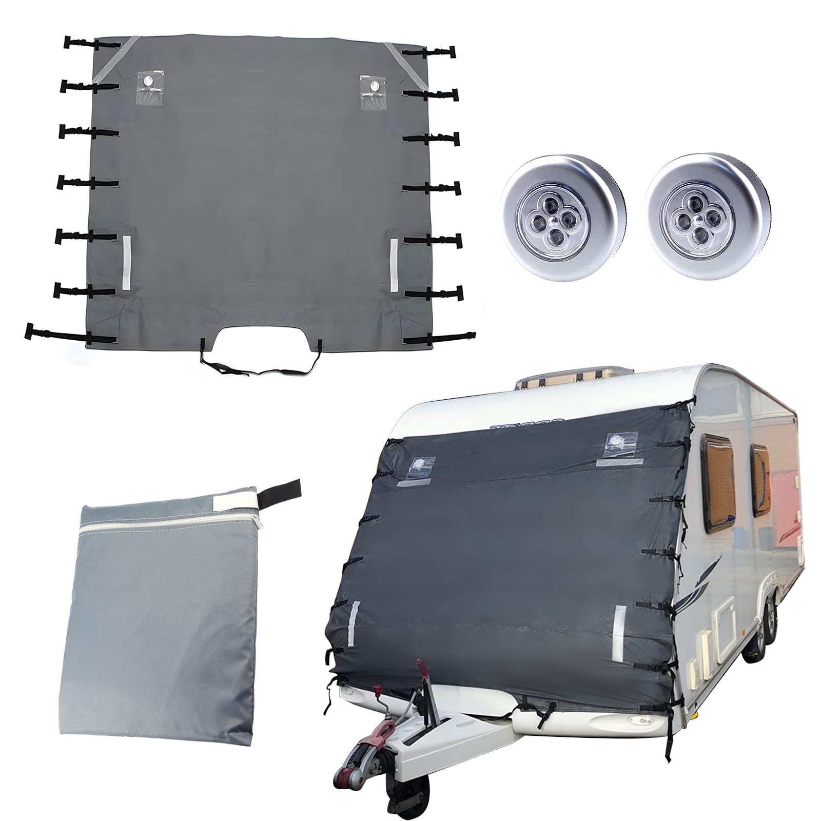 Cubierta delantera universal para caravana, 210 x 175 cm, impermeable, anti-UV, con luces LED y tiras reflectantes