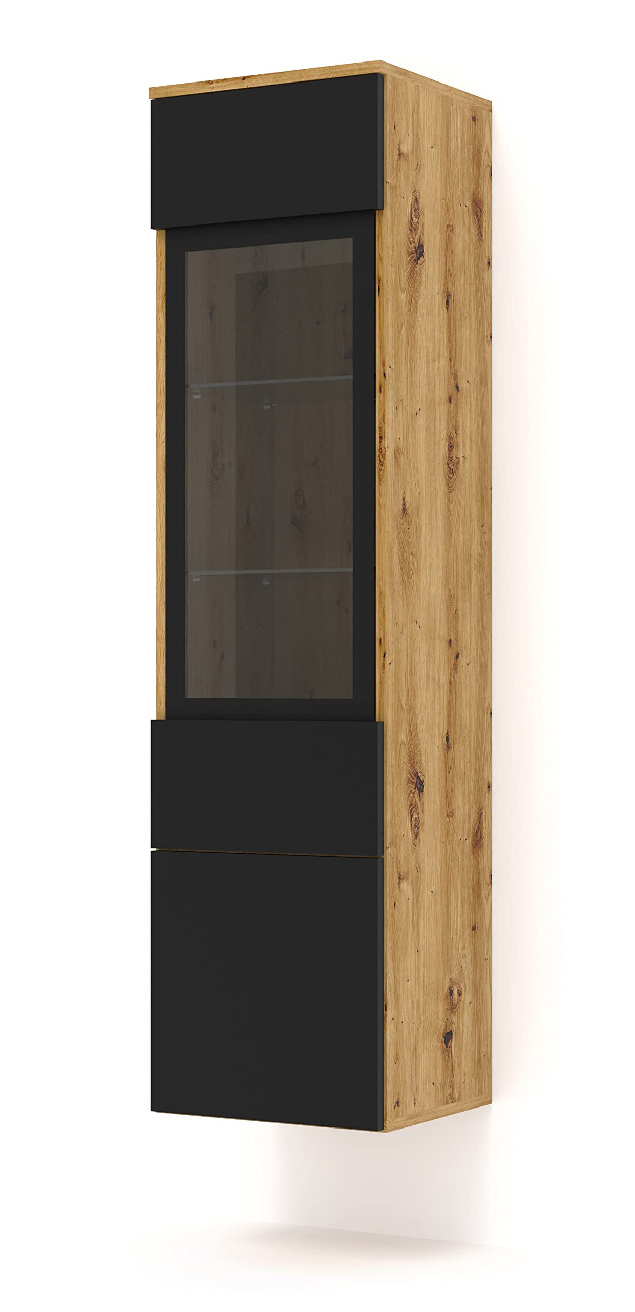 BIM Furniture Vitrina Aura – Armario colgante o vitrina de pie, armario de salón 33 x 37 x 150 cm, moderno, espacio de almacenamiento, roble Artisan/negro mate