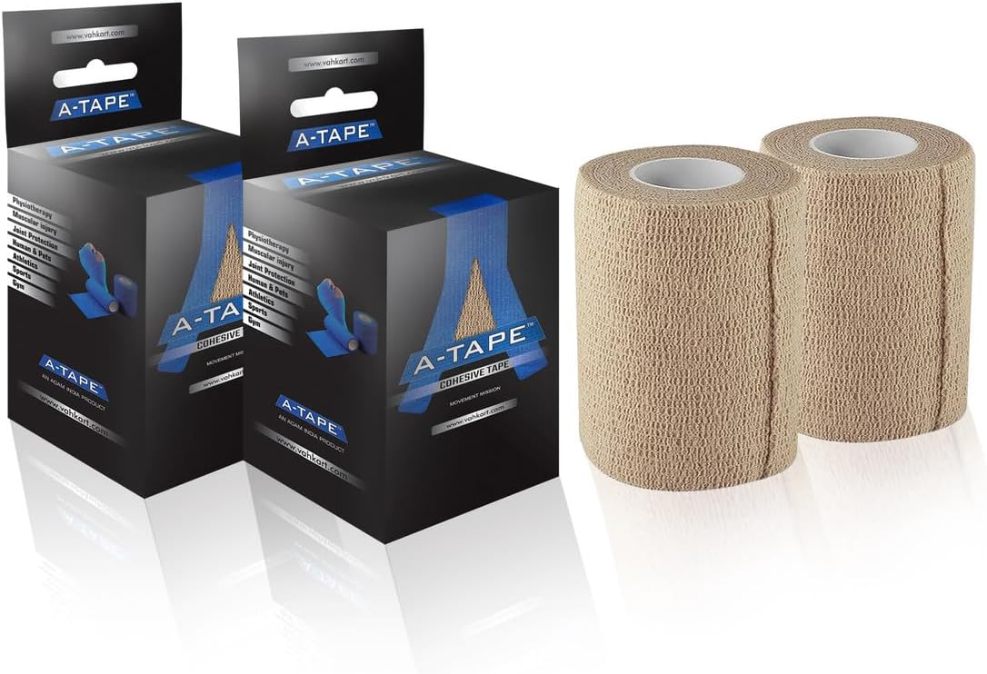 A-Tape Breathable Self Adhesive Cohesive Bandage Wrap - Athletic Non-Woven for Sports, Medical Use, Injuries, Knee & Wrist Support - Suitable for Humans & Pets (Beige, 7.5 cm Pack Of 2)