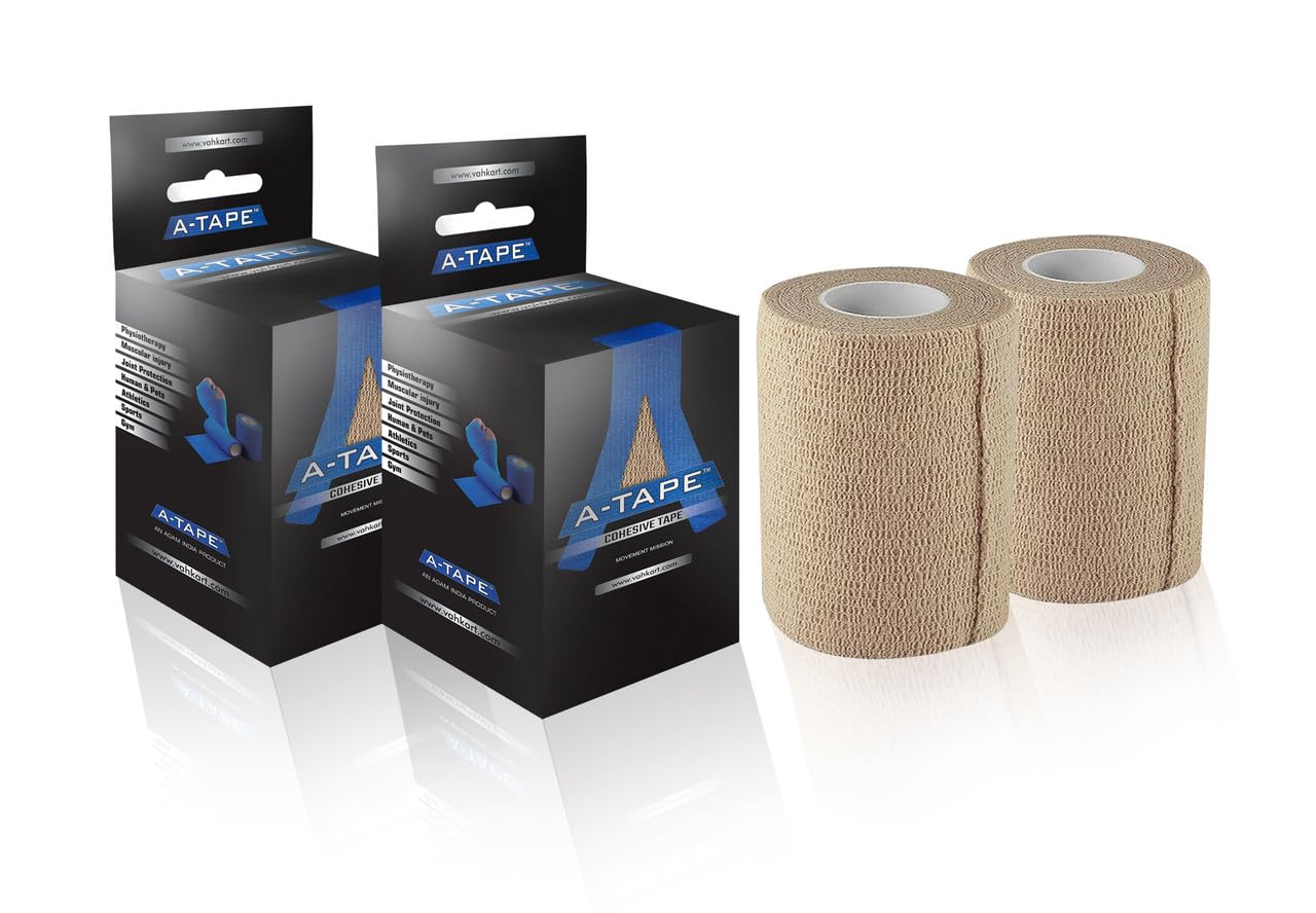 A-Tape Cohesive Crepe (7.5cm X 4.5 mtr, Pack of 2) Elastic Self Adherent Crepe Bandage Breathable Self Adhesive Cohesive Bandage for Humans & Pets (Dogs, Cats, Birds) (7.5 cm) (Beige)