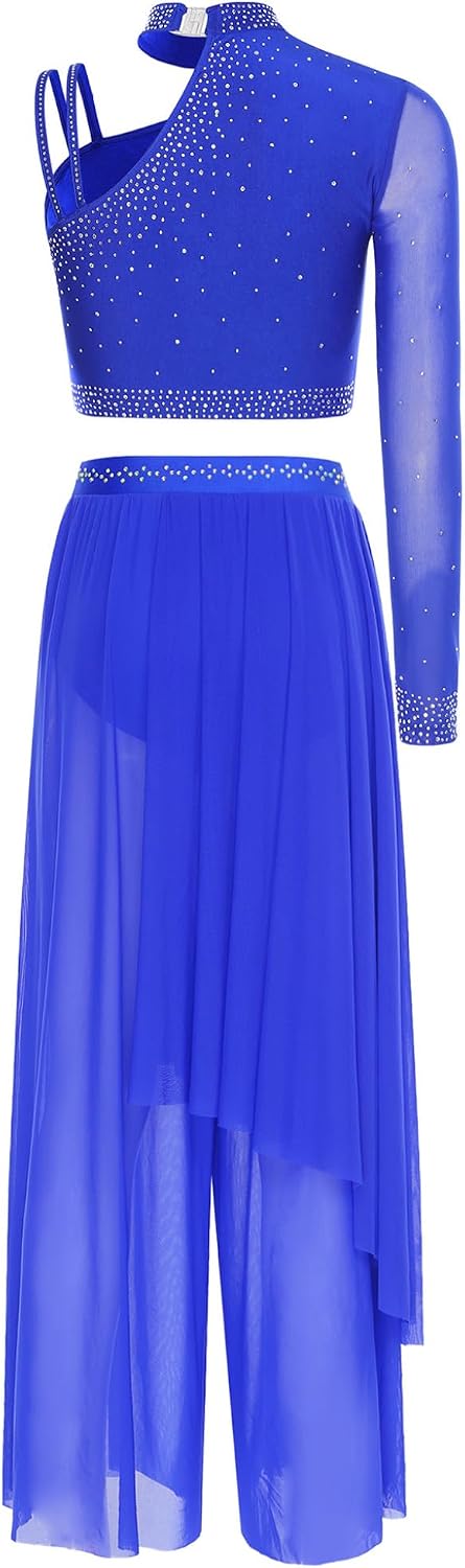 Adult Women'S Lyrical Dance Outfit Morden Contemporary Dancewear One Long Sleeve Crop Top with Wide Leg Skort Pants Royal Blue XX-Large