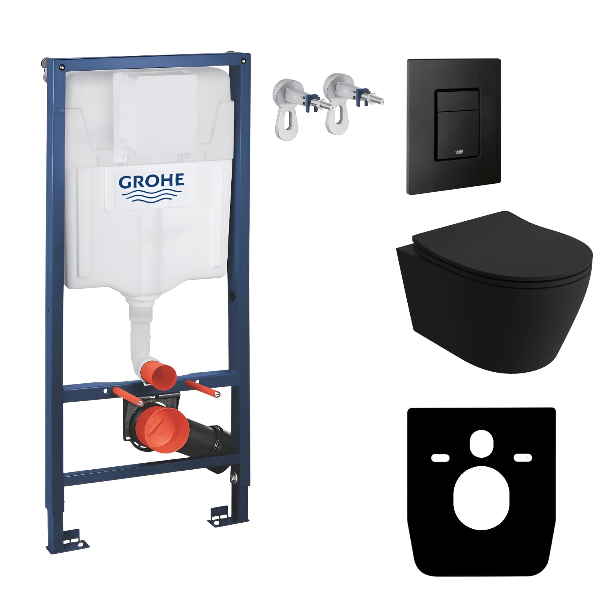 LAVITA | Élément mural Solido + WC suspendu mural Praia noir sans bord + abattant WC SoftClose | Bouton noir | Kit complet | Réservoir de chasse encastré | Kit complet | WC complet |