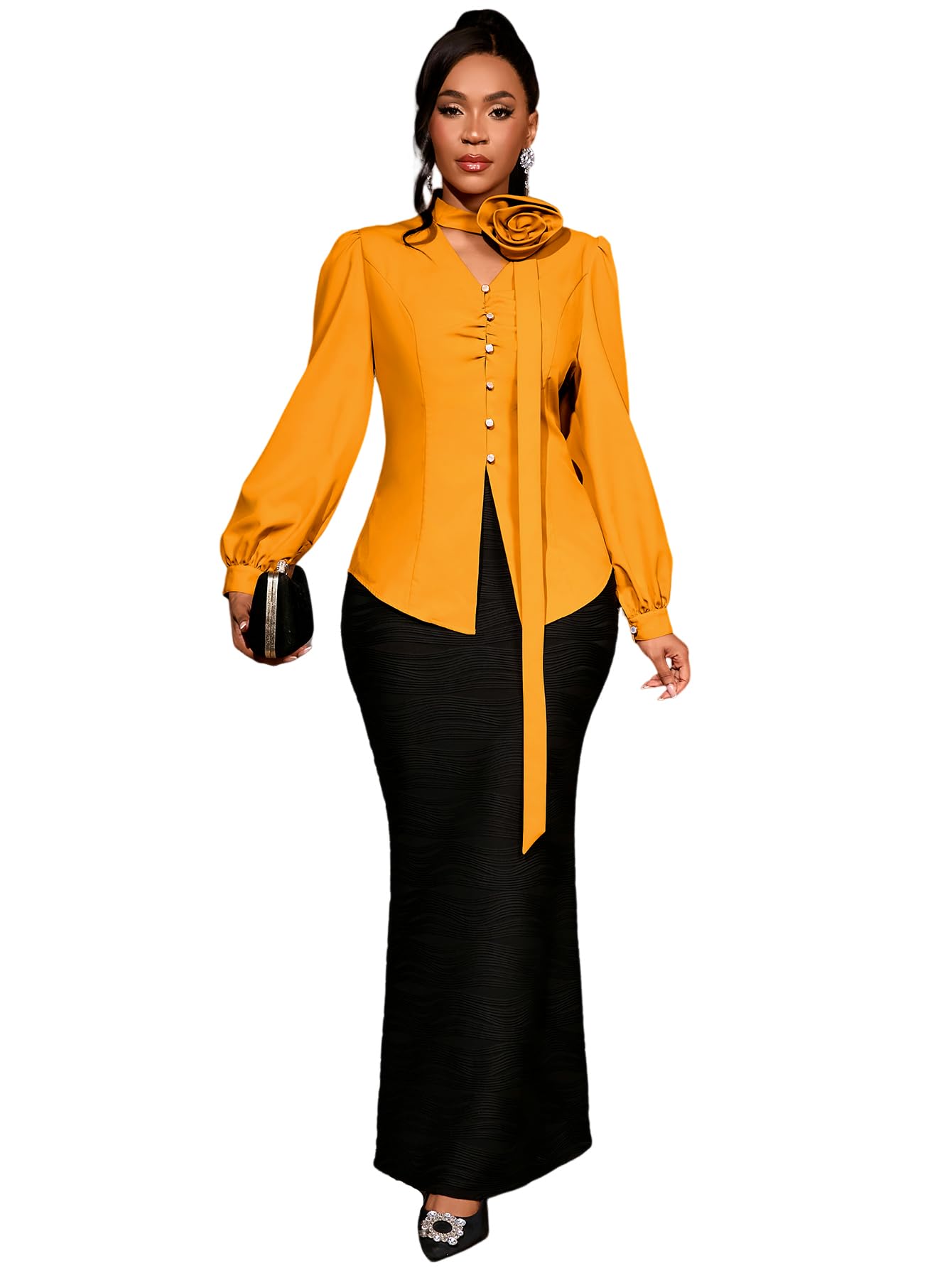 AOMEI Womens 2 Piece Outfits Button Down Long Puff Sleeve Tie Neck Top with Flower Ruched Bodycon Mermaid