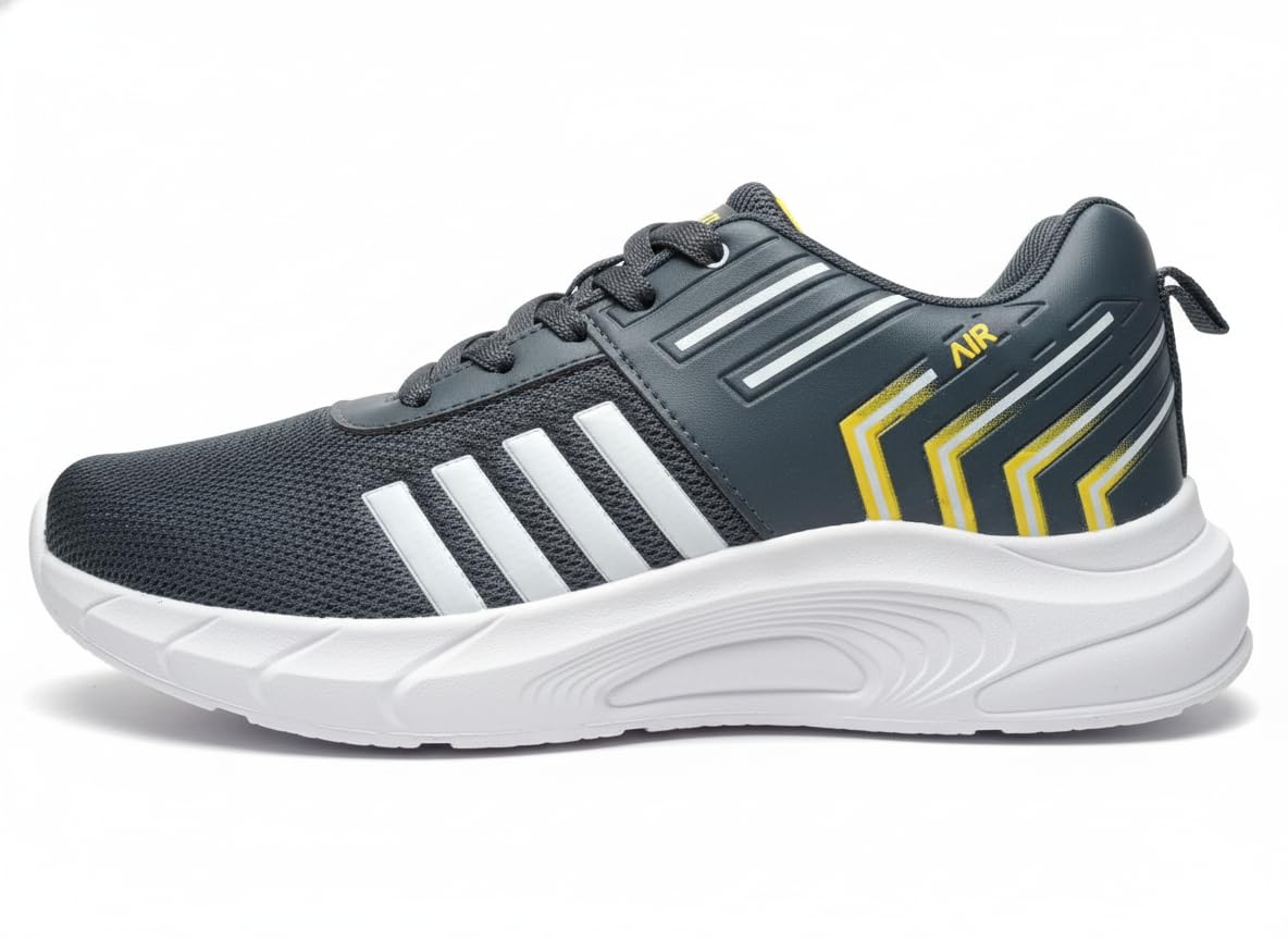 AIR Prime Men's Sports Running Shoes, Grey with White Stripes, Mesh Upper, Cushioned Sole, Lace-Up Athletic Sneakers (UK Footwear Size System, Adult, Men, Numeric, Medium, 10) 1