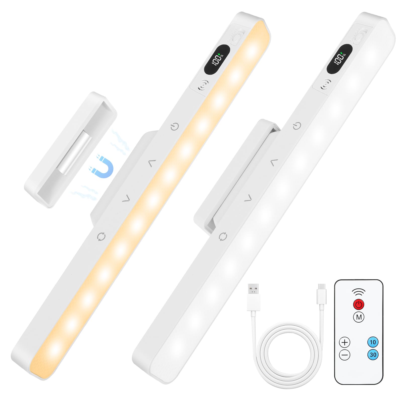 AUAUY 2PCS Under Cabinet Kitchen Lights, 5-Color&5-Brightness Dimmable 120 LED Lights, USB-C 1500mAh Rechargeable Magnetic Cabinet Underlight for Kitchen, Cupboard, Wardrobe, Stair [Energy Class A]