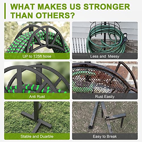 Mr IRONSTONE Garden Hose Holder,4 Spikes Water Hose Holder Holds 125-feet Hose,Freestanding Hose Stand Made of Heavy Duty Steel,Expandable Garden Hose for Outside Yard Lawn, Black