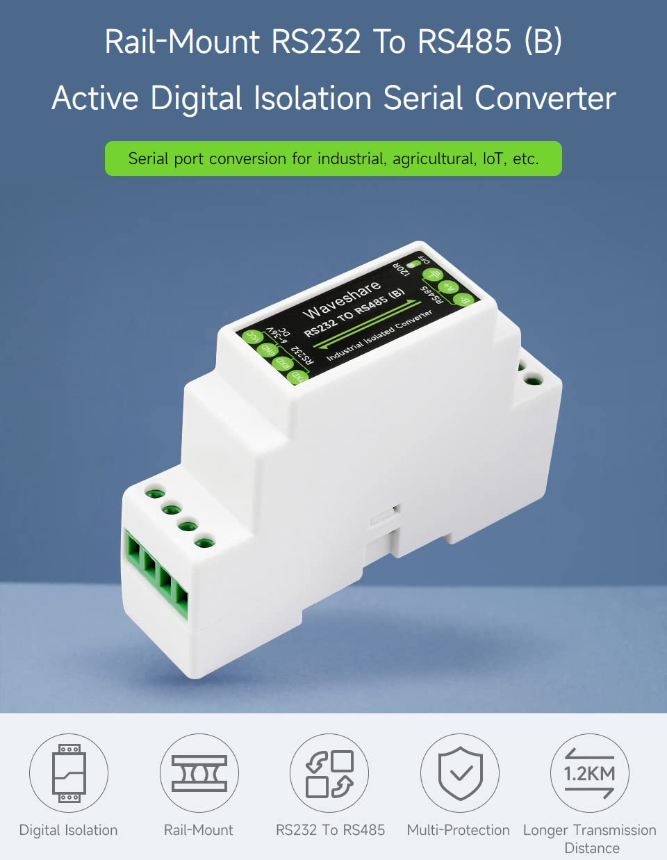 RS232 To RS485 Converter (B) Rail-Mount Active Digital Isolator Serial Converter,600W lightningproof and Surge-suppress, 15KV ESD Protection,Long Distance Transmission