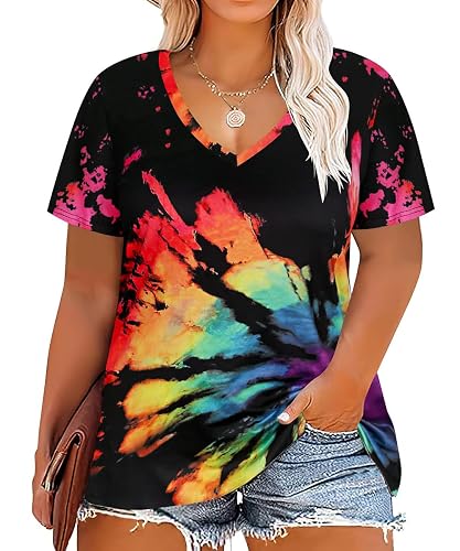 CARCOS Womens Plus Size Tops Short Sleeve Shirts V Neck Tunic Floral/Aniaml Blouses XL-5X - Vneck-tie Dye Br - 3X-Large