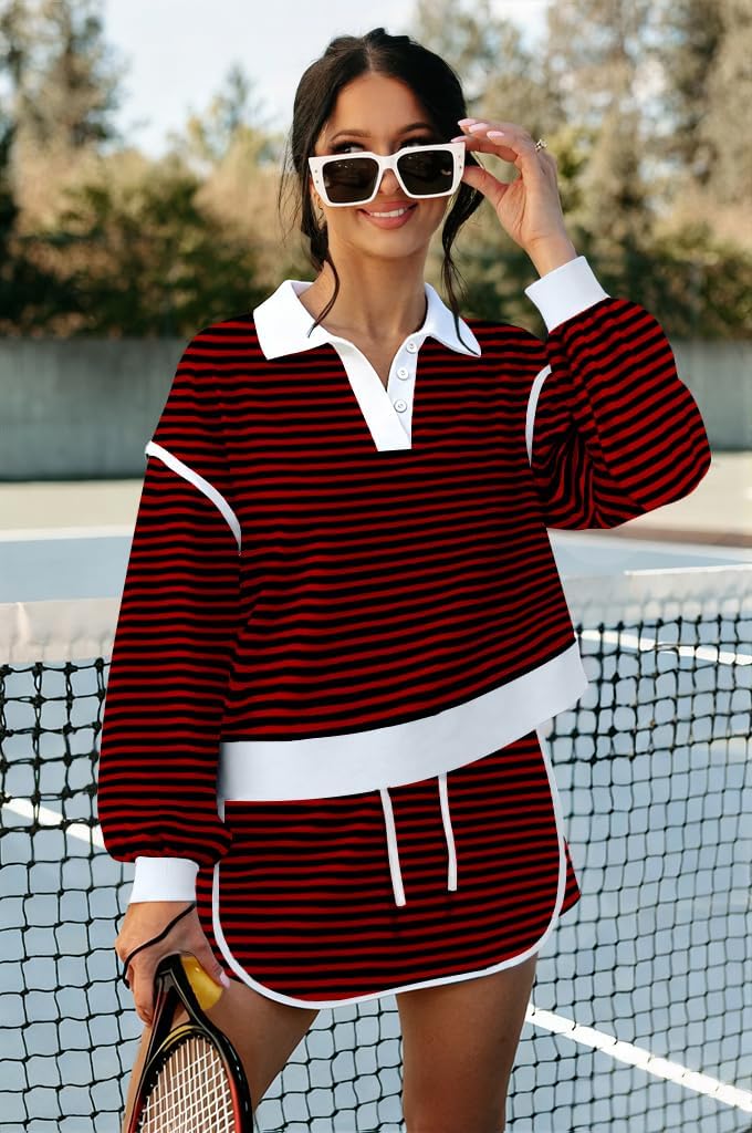 Womens Striped 2 Piece Outfits Long Sleeve Sweatshirt Button V Neck Sweatsuits High Waist Shorts Lounge Sets - Image 3