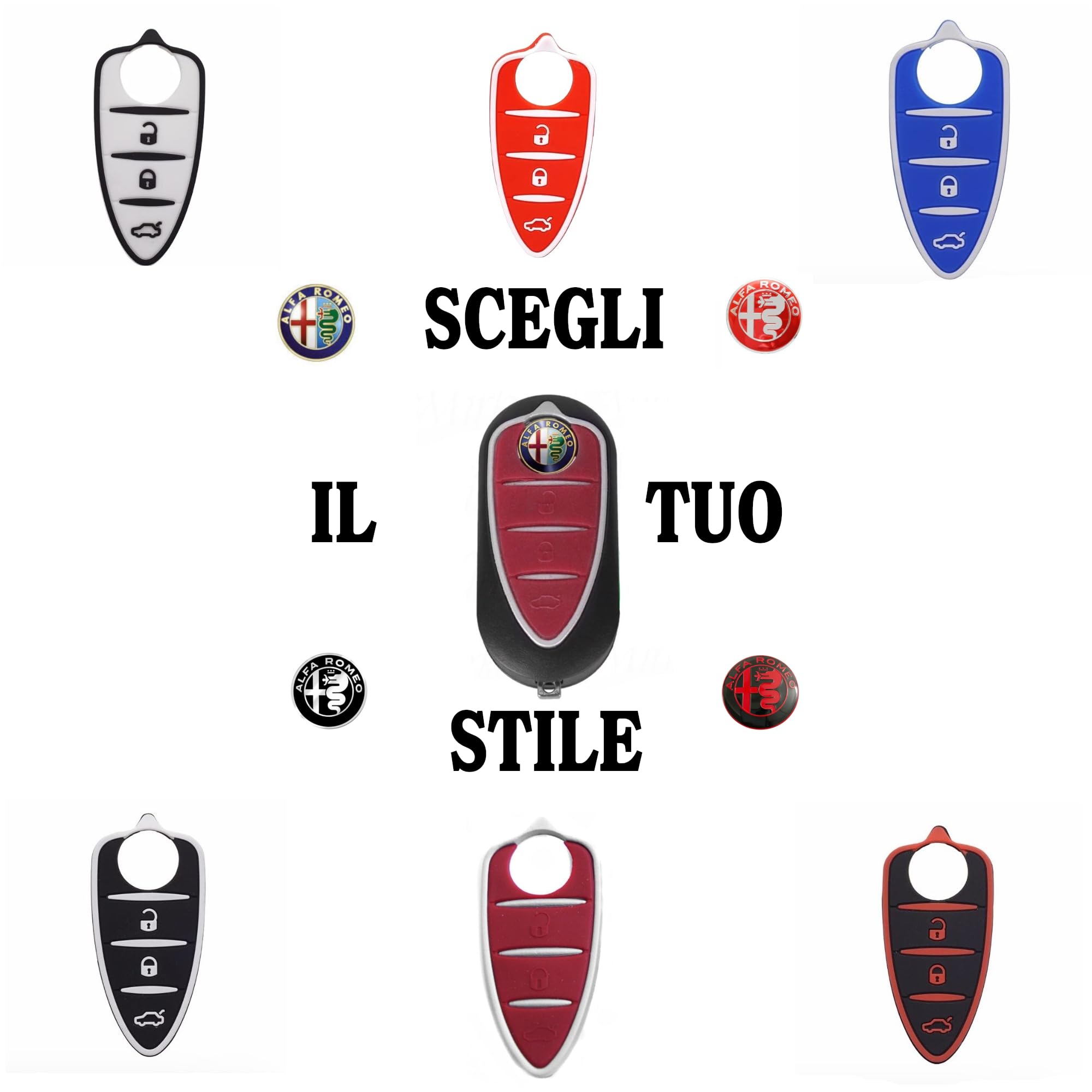 Tappetino Pulsanti Silicone Ricambio per Chiave Alfa Romeo Mito Giulietta Brera 159 Telecomando 3 Pulsanti BIANCO/NERO + LOGO NERO