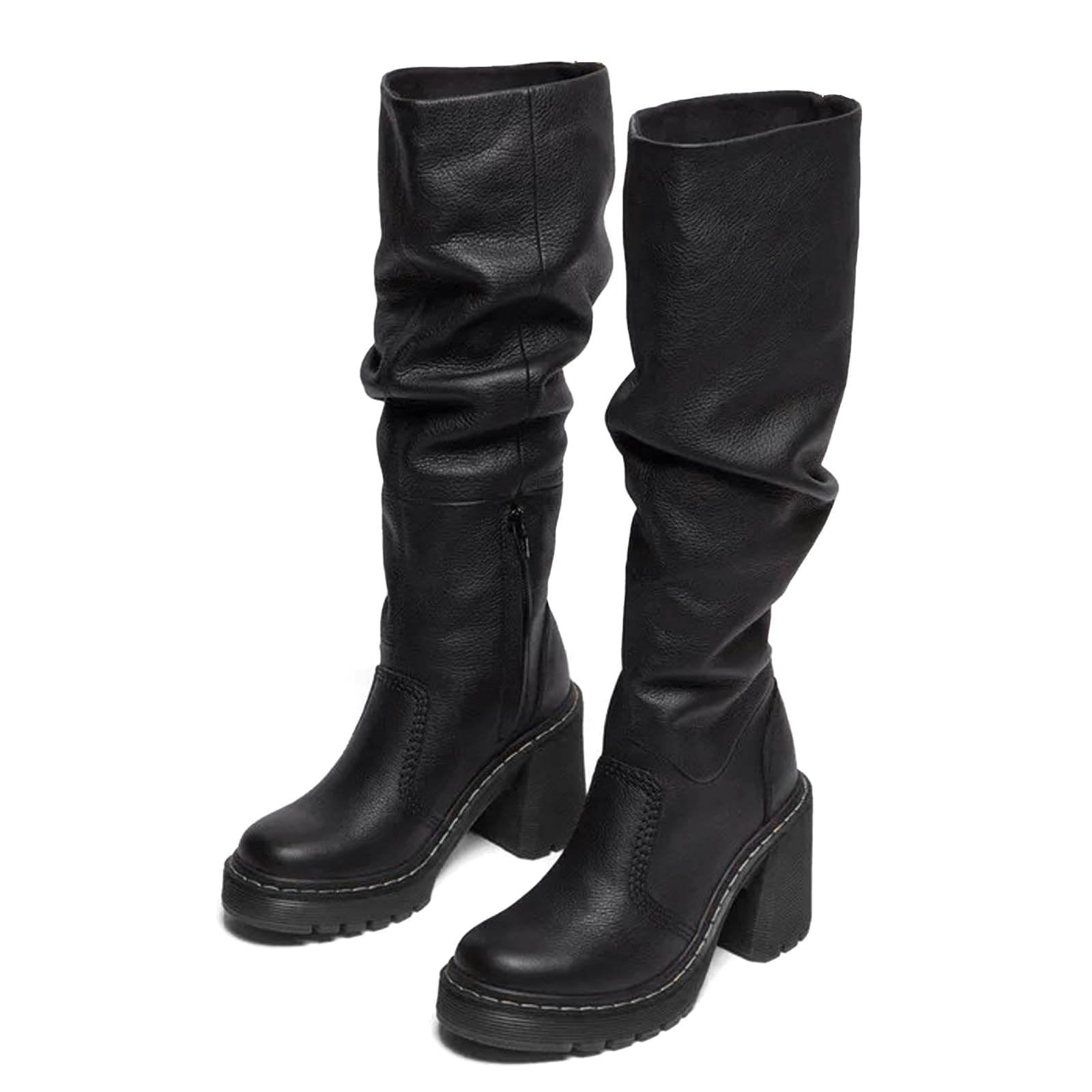Womens Knee High Platform Chunky Block Heel Boots Half Zipper Round Toe Fashion Motorcycle Combat Punk Boots for