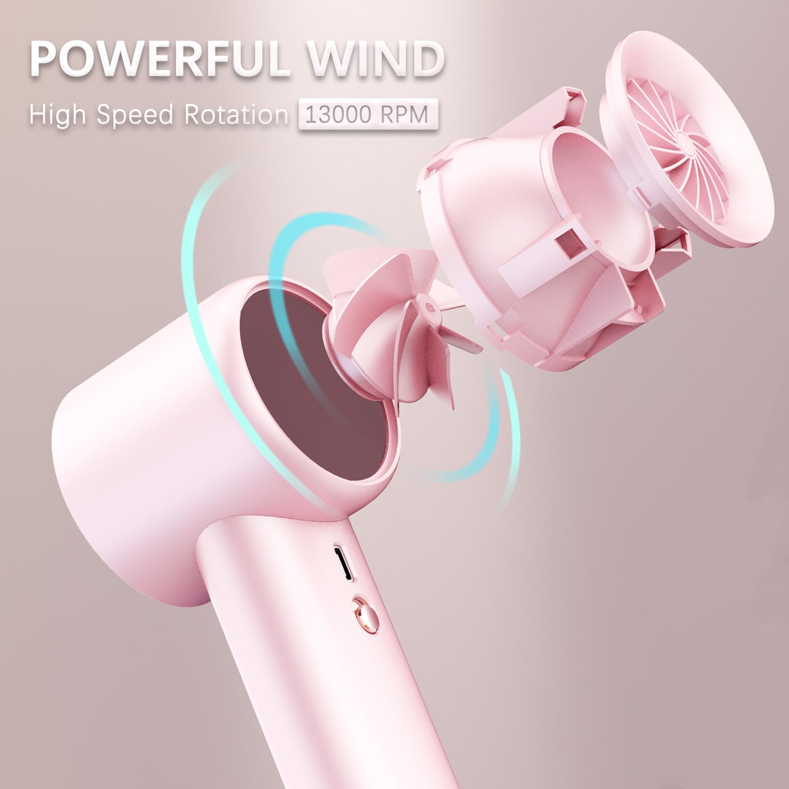 Ventilador de mano, 1-100 mini ventilador turbo ajustable de alta velocidad, ventilador personal recargable de 2500-5000 mAh con pantalla digital para viajes/campamentos/exteriores/hogar 3