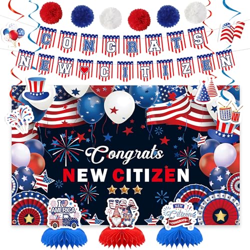 Us Citizenship Party Decorations - 31 Pcs Concrats New Citizen Banner Garland Hanging Swirls Paper Fans Pom Poms Americal Flags Decor Set Oath Ceremonies Patriotic Gift Ideas Supplies