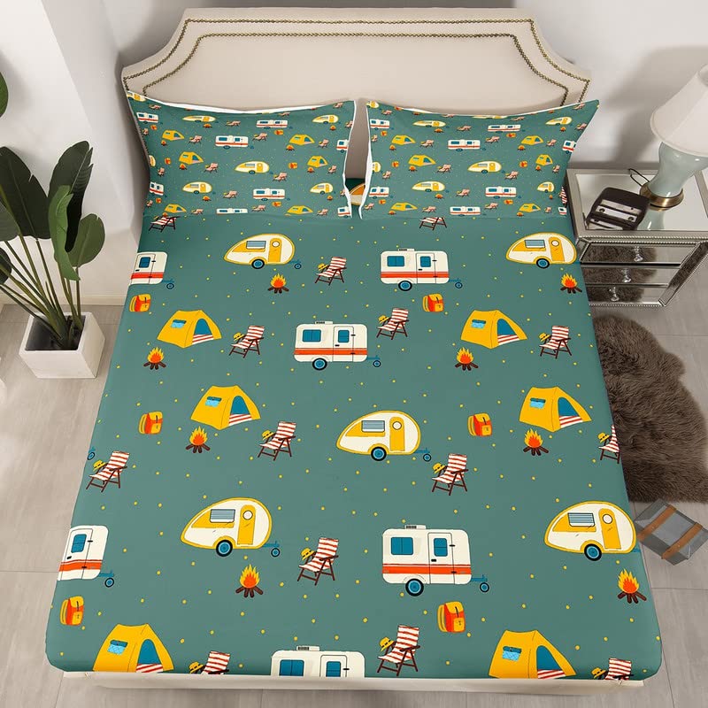 Camper Bed Sheets Set Happy Camping Kids Sheet Set Boys Girls Cartoon Camping Car Decor Sheets with Deep Pocket Fitted Sheet RV Camping Microfiber Bedding Set Bedroom Full Size