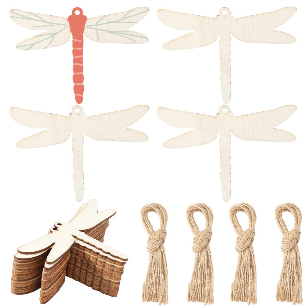 GORGECRAFT 20Pcs Unfinished Wooden Dragonfly Blank Wood Slices 6.9x10cm Wooden Dragonfly Cutouts Gift Tags with Hole Hemp Ropes Hanging Ornaments for DIY Crafts Spring Wedding Party Home Decor