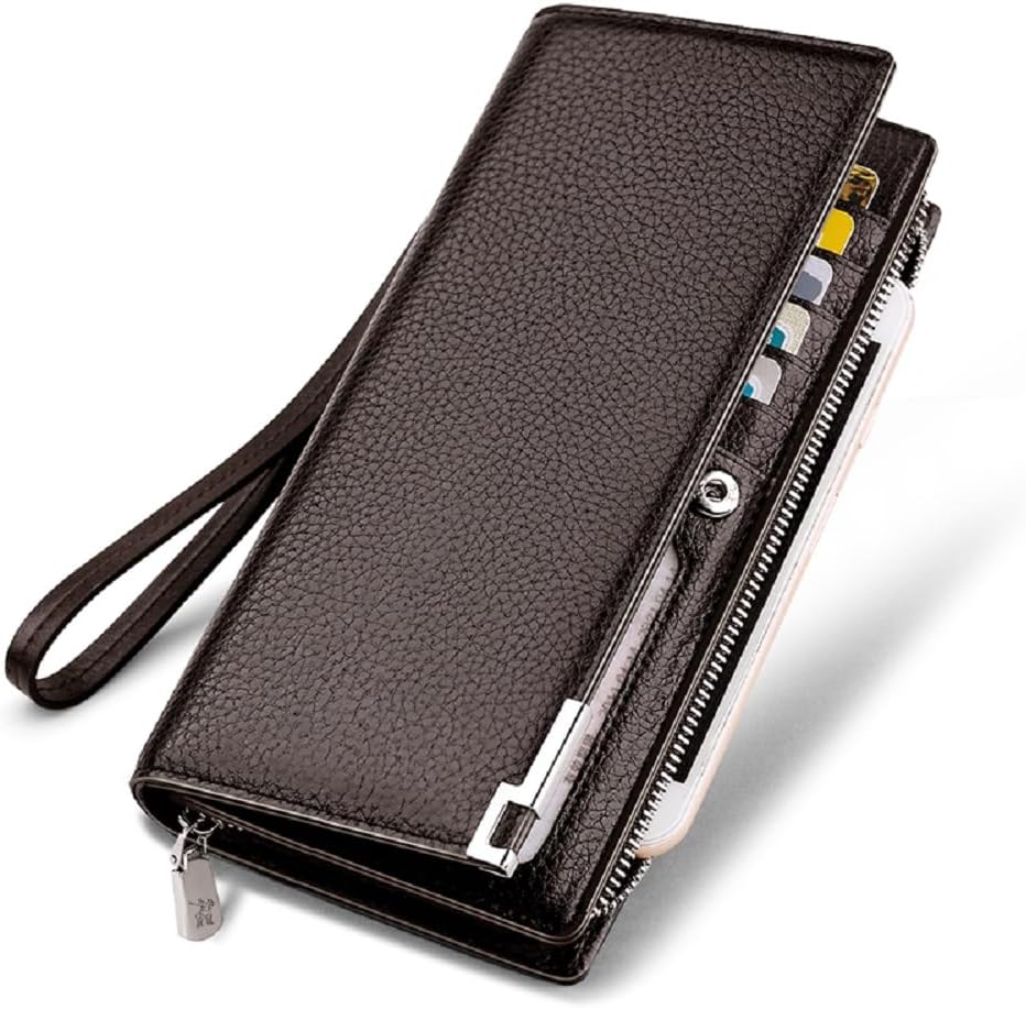 VANNANBAMens Real Leather Long Wallet RFID Blocking Multi Credit Card Large Capacity Zipper Travel Clutch Wristlet,Brown