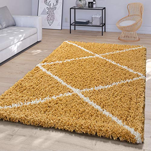 TT Home Wohnzimmerteppich Hochflor Langflor Skandinavisches Design Mit Abstrakten Rauten, Farbe:Gelb, Größe:60x100 cm