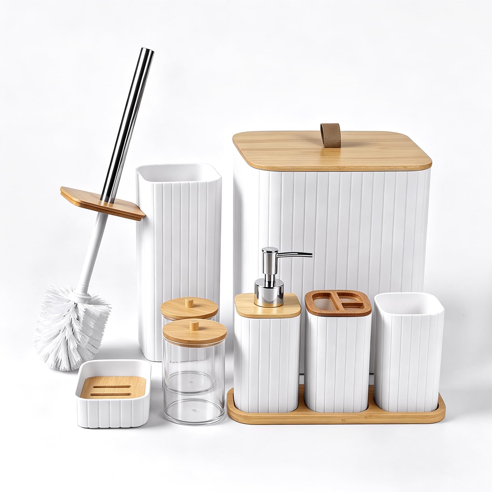 Set de baño blanco EXLECO de 9 piezas con cubo WC y accesorios
