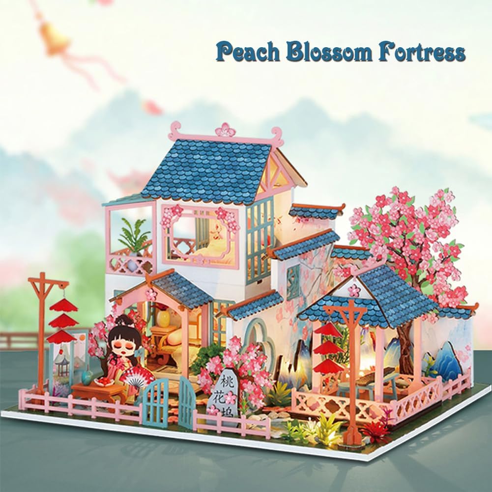 Yuzhen DIY Miniature Dollhouse with Furniture and LED Lights, Ancient Style Wooden Mini-House Includes Dustcover and Music Movement, Exquisite Home Decor