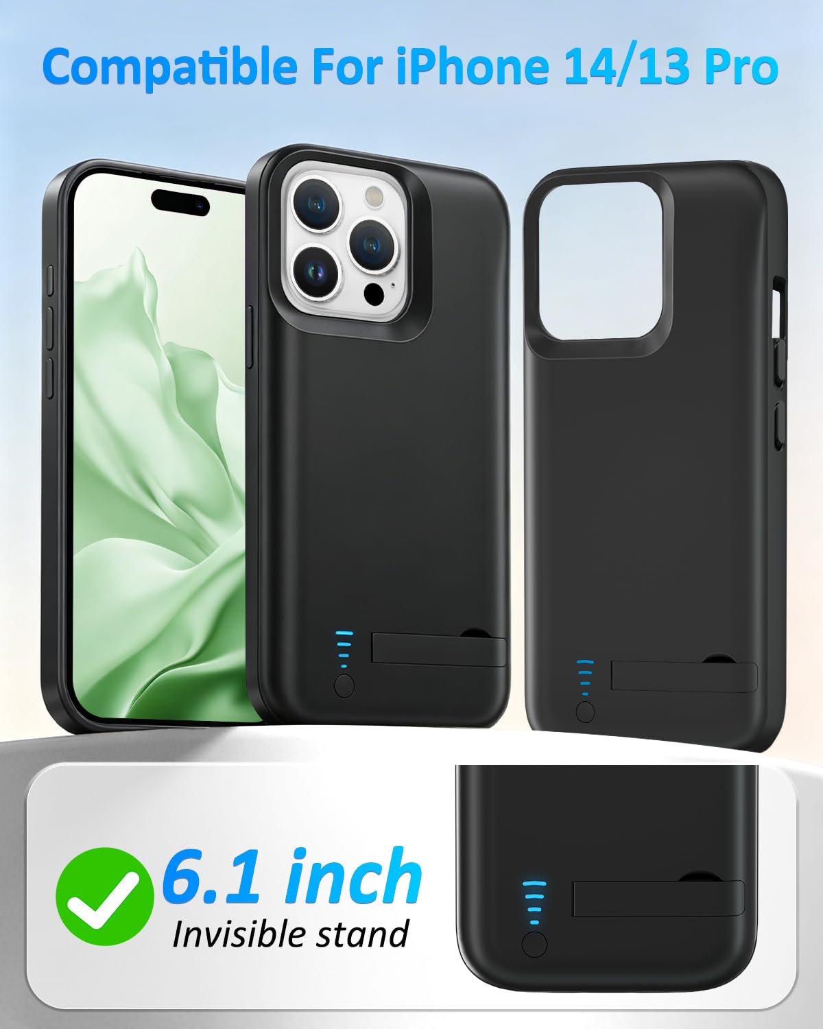Custodia per iPhone 13 Pro/14 Pro (6,1", 8500 mAh), sottile, ricaricabile, con batteria per iPhone 13 Pro/14 Pro
