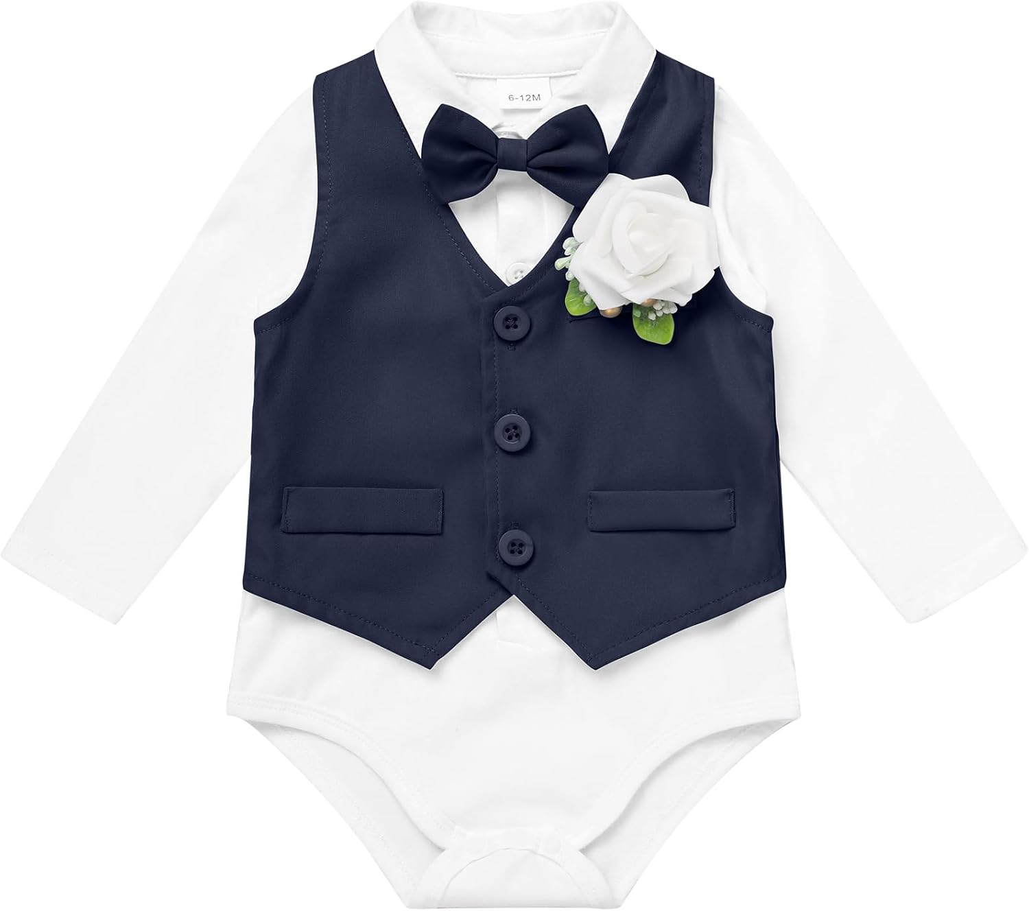 IDOPIP Baby Boy Clothes Suit Infant Gentleman Outfit First Birthday Baptism Wedding Dress Romper Shirt+Tie+Vest+Pants+Corsage - Image 2