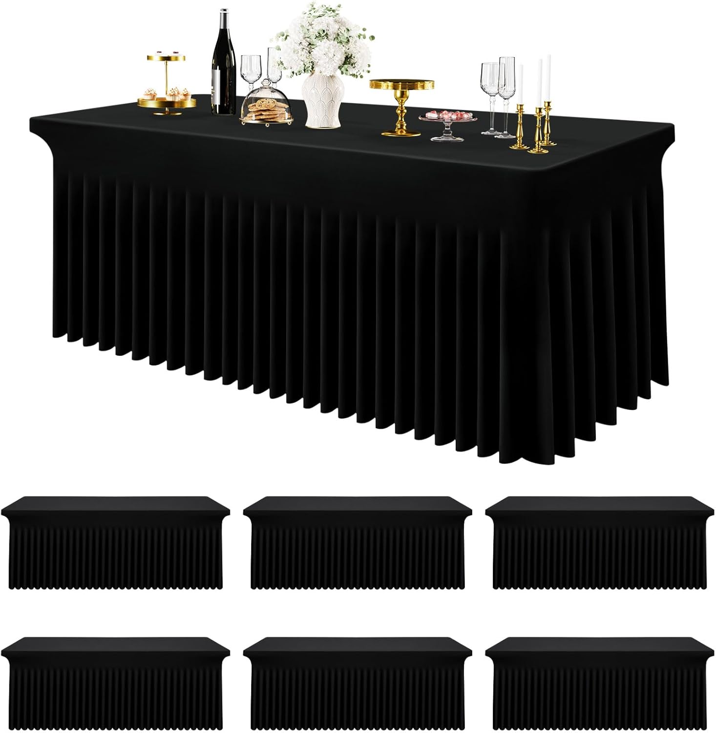 Smiry Spandex Tablecloth 6 Pack, Elastic Fitted Stretch Tablecloth for 6FT Rectangle Tables, Waterproof Washable Table Cover Skirt for Wedding, Banquet & Parties (Black, 72Lx30Wx30H Inch)