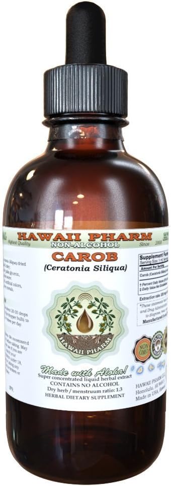 Carob Alcohol-Free Liquid Extract, Organic Carob (Ceratonia Siliqua) Dried Raw Seed and Pods Glycerite Hawaii Pharm Natural Herbal Supplement 2 oz