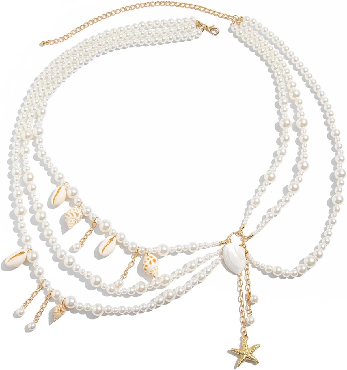 Pearl Belly Chain Layered Waist Body Chains Fashion Beach Jewelry Seashell Mermaid Accessories for Women (29.5-37.4 In)
