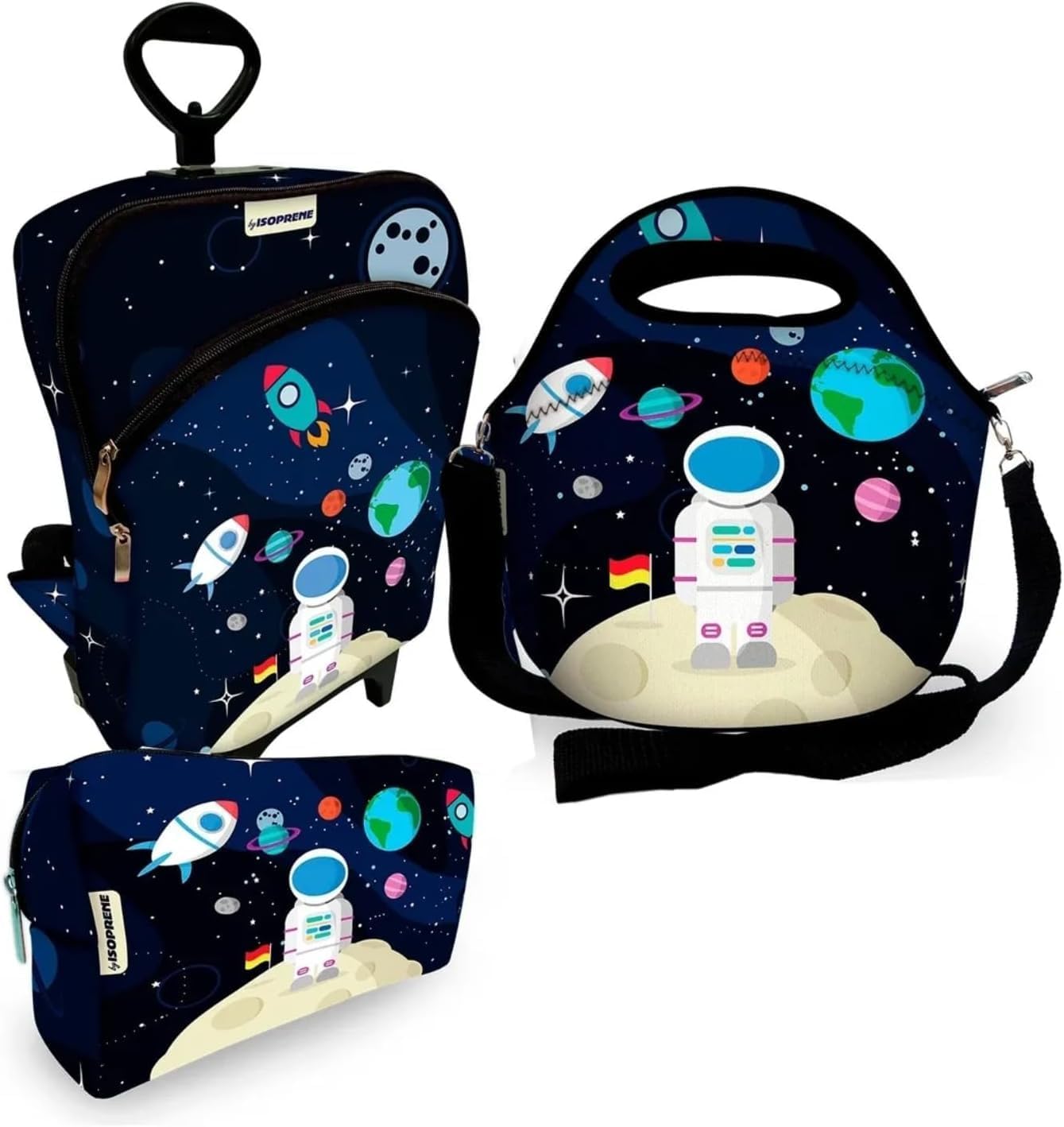 Kit Escolar Infantil Astronauta Azul – Mochila com Rodinhas + Lancheira Térmica + Estojo | Tema Espaço