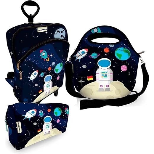 Kit Escolar Infantil Astronauta Azul – Mochila com Rodinhas + Lancheira Térmica + Estojo | Tema Espaço