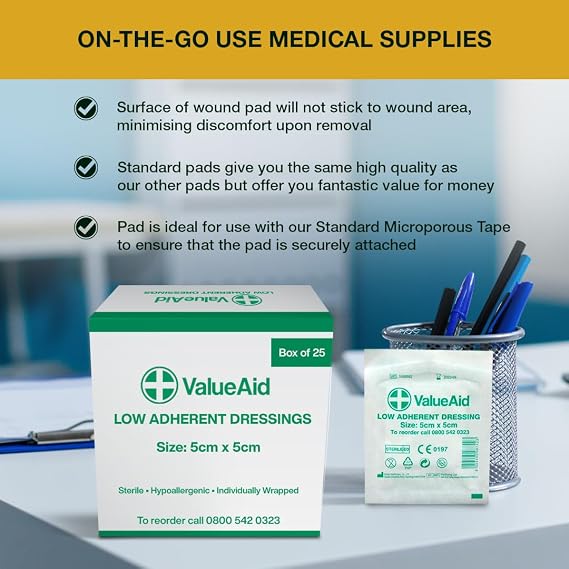 Value Aid Low Adherent Dressing Pads - 5cm x 5cm Hypoallergenic Sterile Wound Care, Non-Stick Surface for Gentle Removal - Individually Wrapped Medical Dressings for Cuts & Grazes (25 Pack)