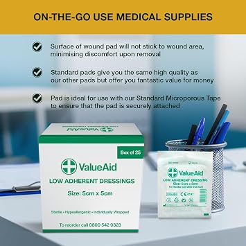 Value Aid Low Adherent Dressing Pads - 5cm x 5cm Hypoallergenic Sterile Wound Care, Non-Stick Surface for Gentle Removal - Individually Wrapped Medical Dressings for Cuts & Grazes (25 Pack)