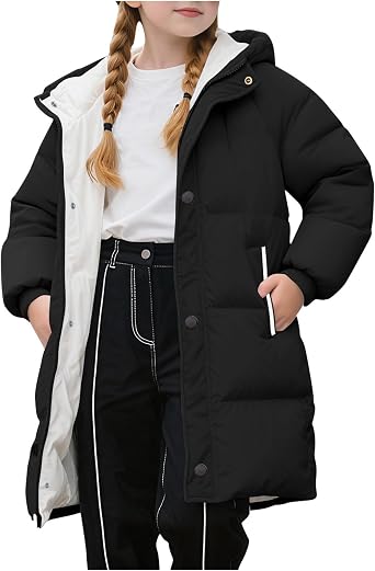 Girls Winter Coat Long Zipper Hoodies Puffer Jacket Windproof Warm Quilted Jacket Lightweight Padded Winter Coat