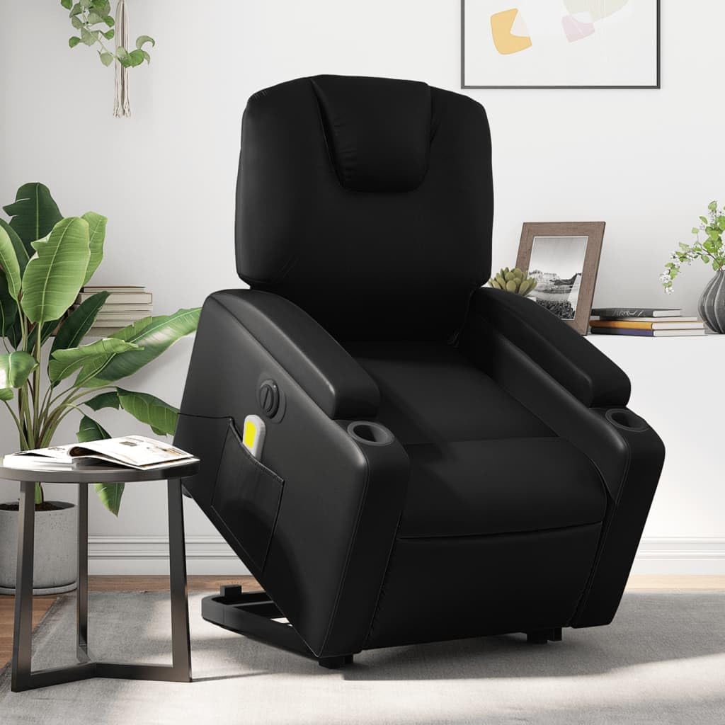 Sillón elevador eléctrico eléctrico negro de piel sintética con 6 puntos de masaje, función de elevación y reclinación eléctrica hasta 135 grados, estructura estable