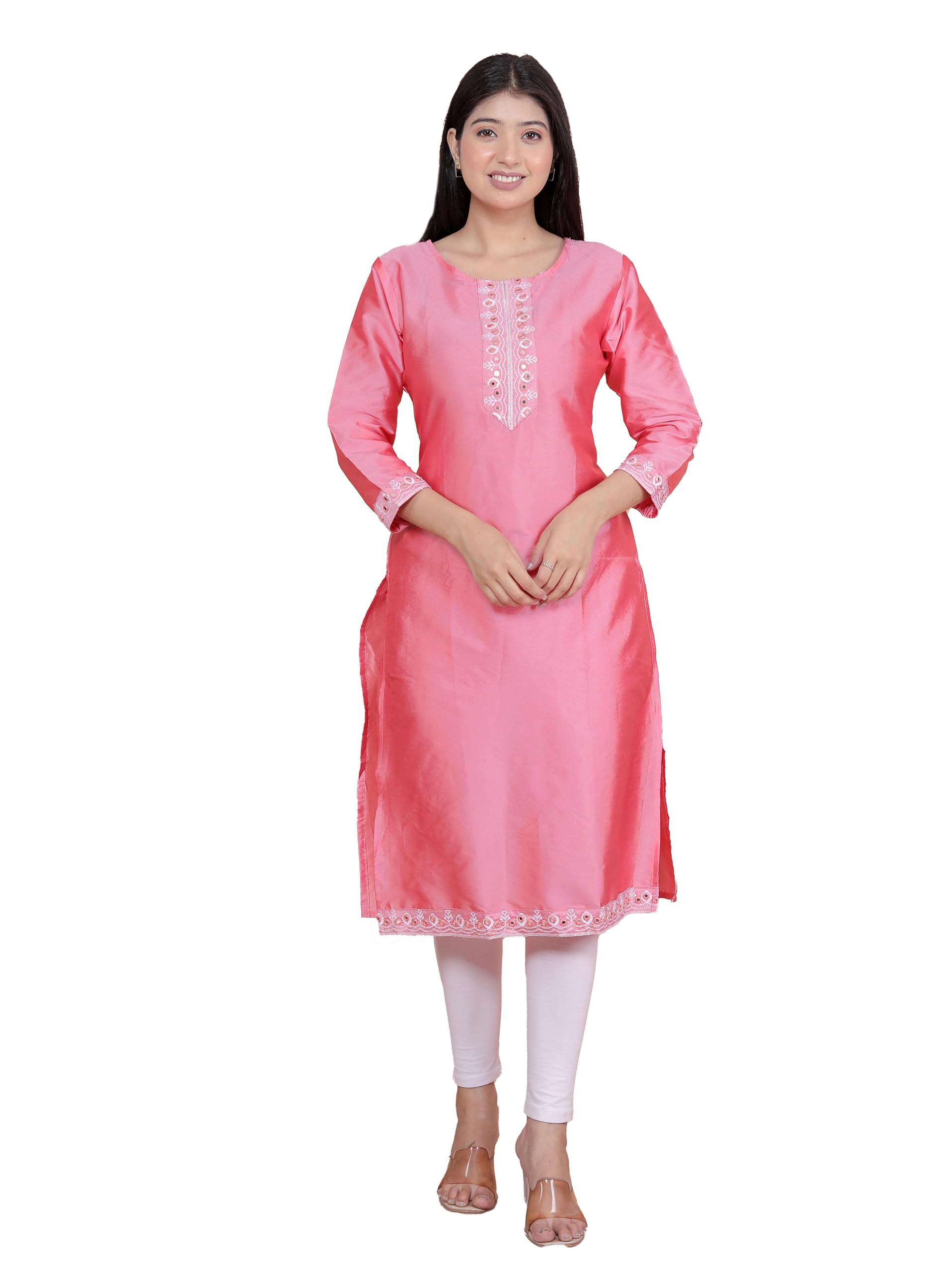 Women's Satin Embroidered Printed Straight Kurti-picture-42